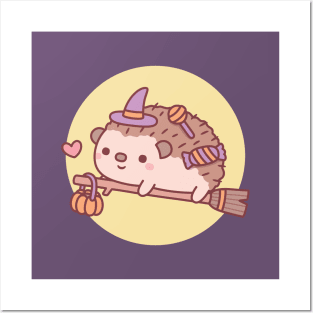 Cute Little Hedgehog Witch Flying On A Broom Halloween Posters and Art